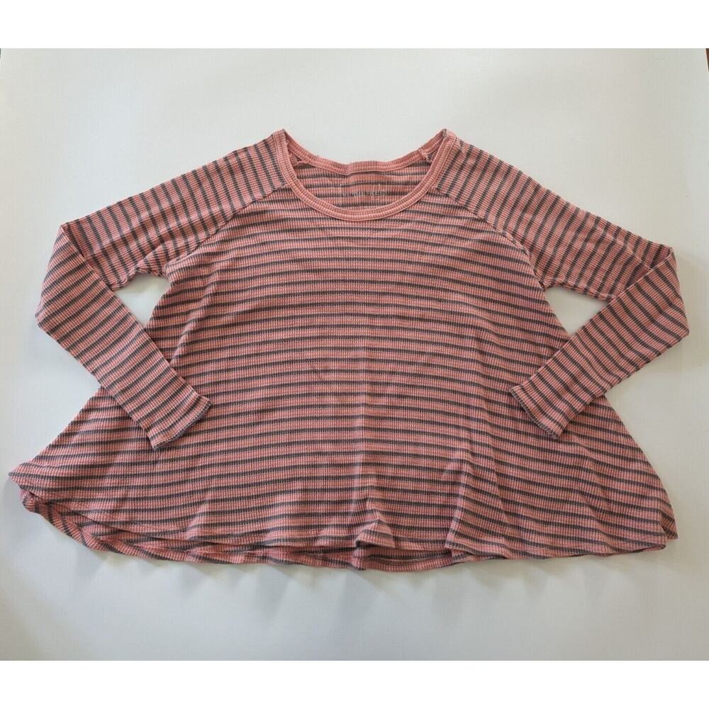 We The Free Size Small Pink Gray Stripes Waffle Thermal Flowy Crop Long Sleeve